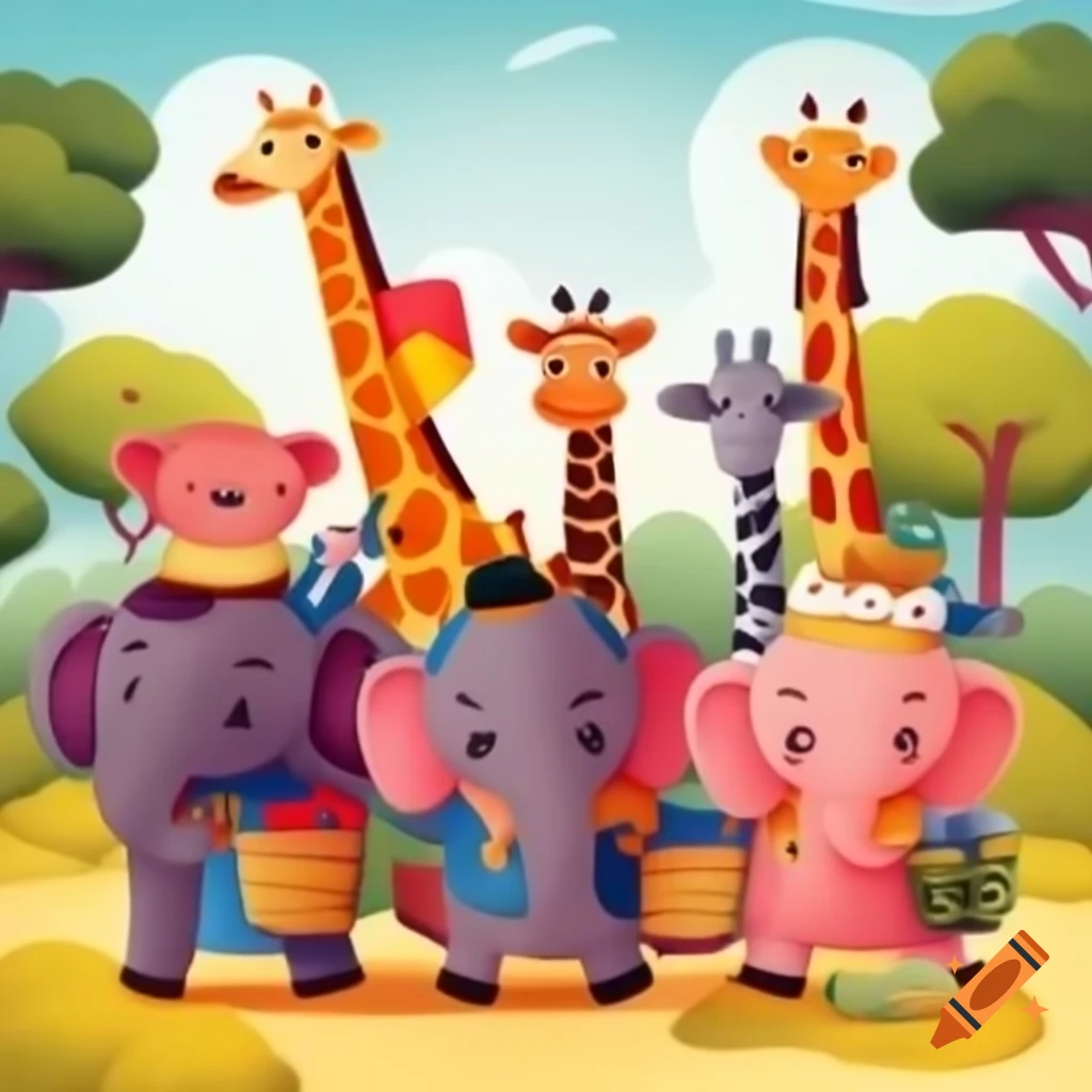 Colorful parade featuring elephants, giraffes, and zebras in fun hats