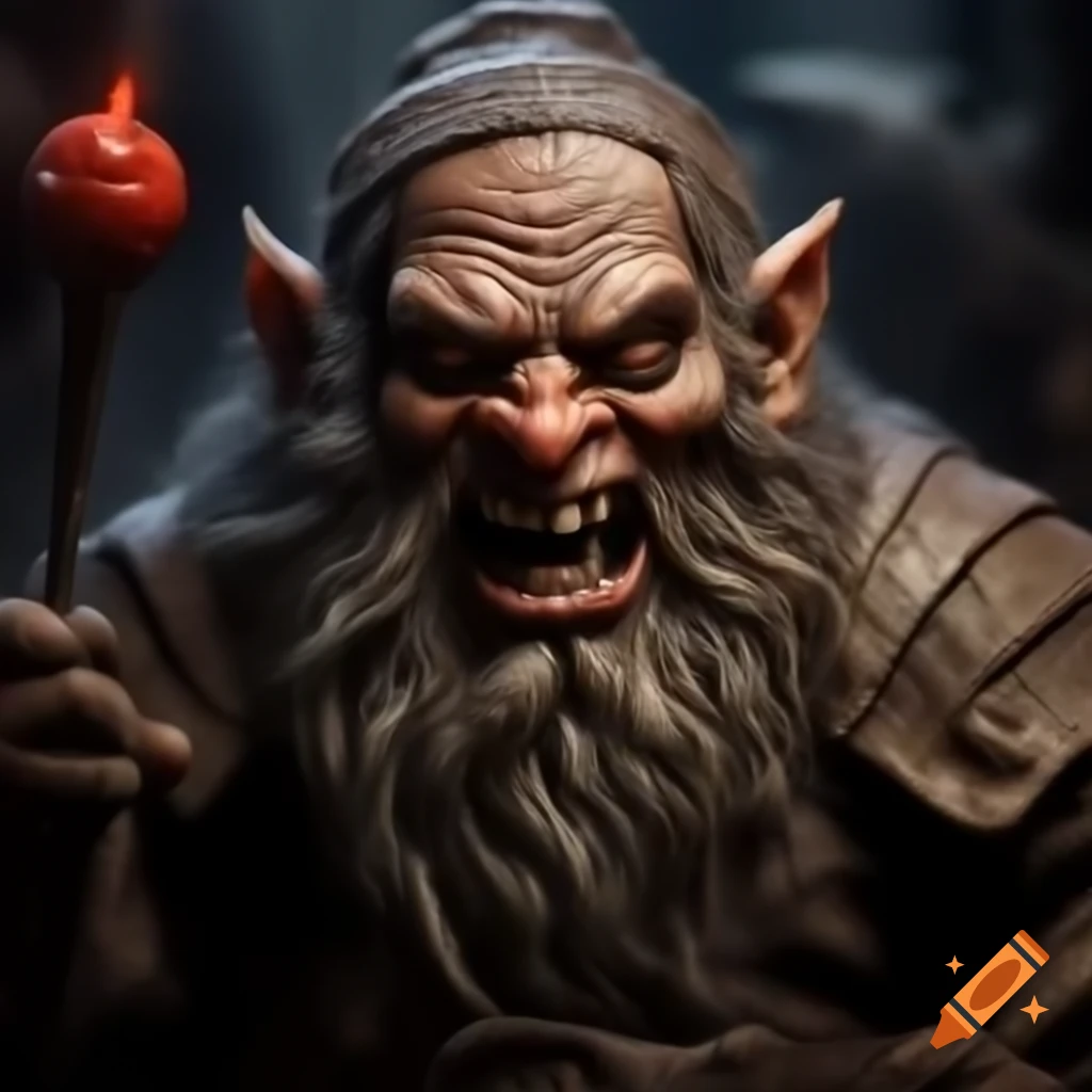 Dark vintage depiction of a scary devil dwarf wearing a capotain
