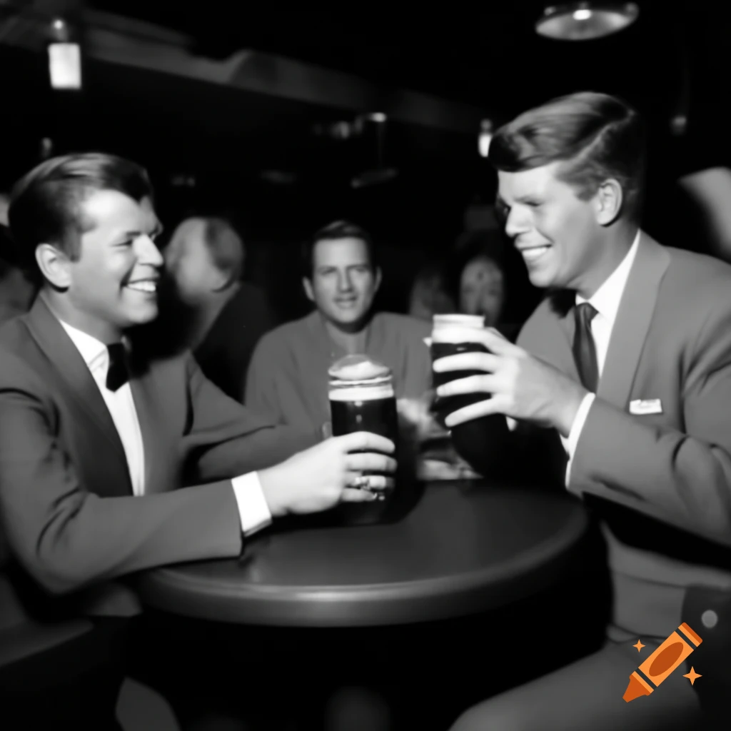 Historical scene of JFK and Lee Harvey Oswald in Dallas, sharing a beer