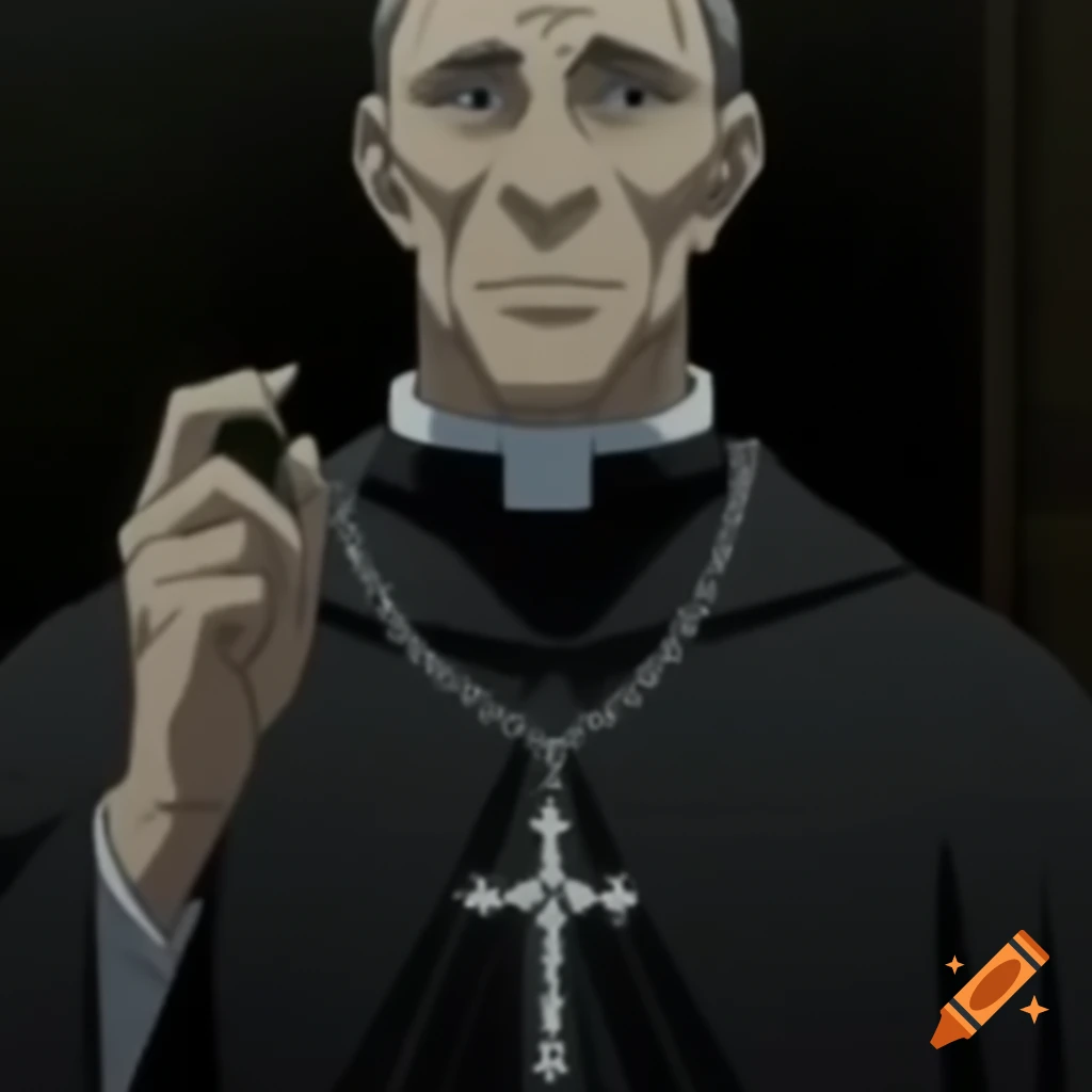 Christian priest holding cross chain in anime style