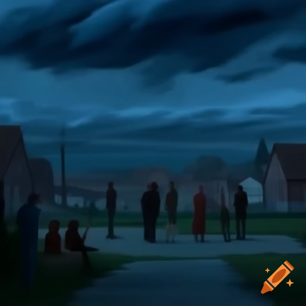 Dark clouds gathering over a worried town scene