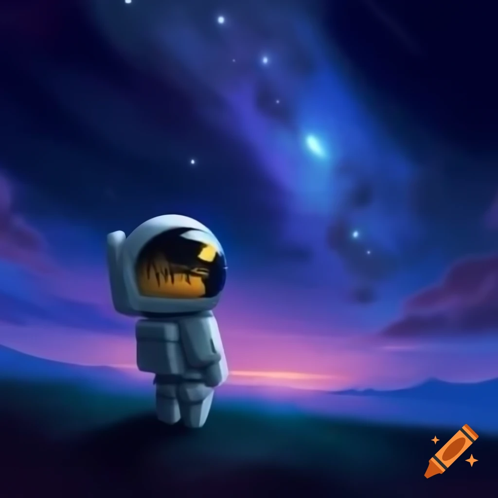 Chibi spaceman admiring galaxy in night sky, anime art style