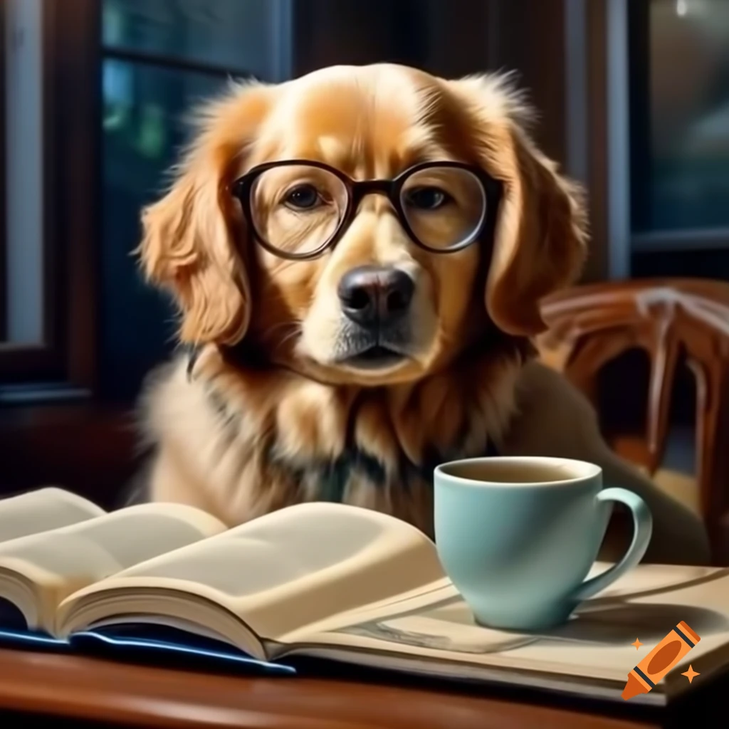 Golden retriever wearing glasses, reading and enjoying coffee