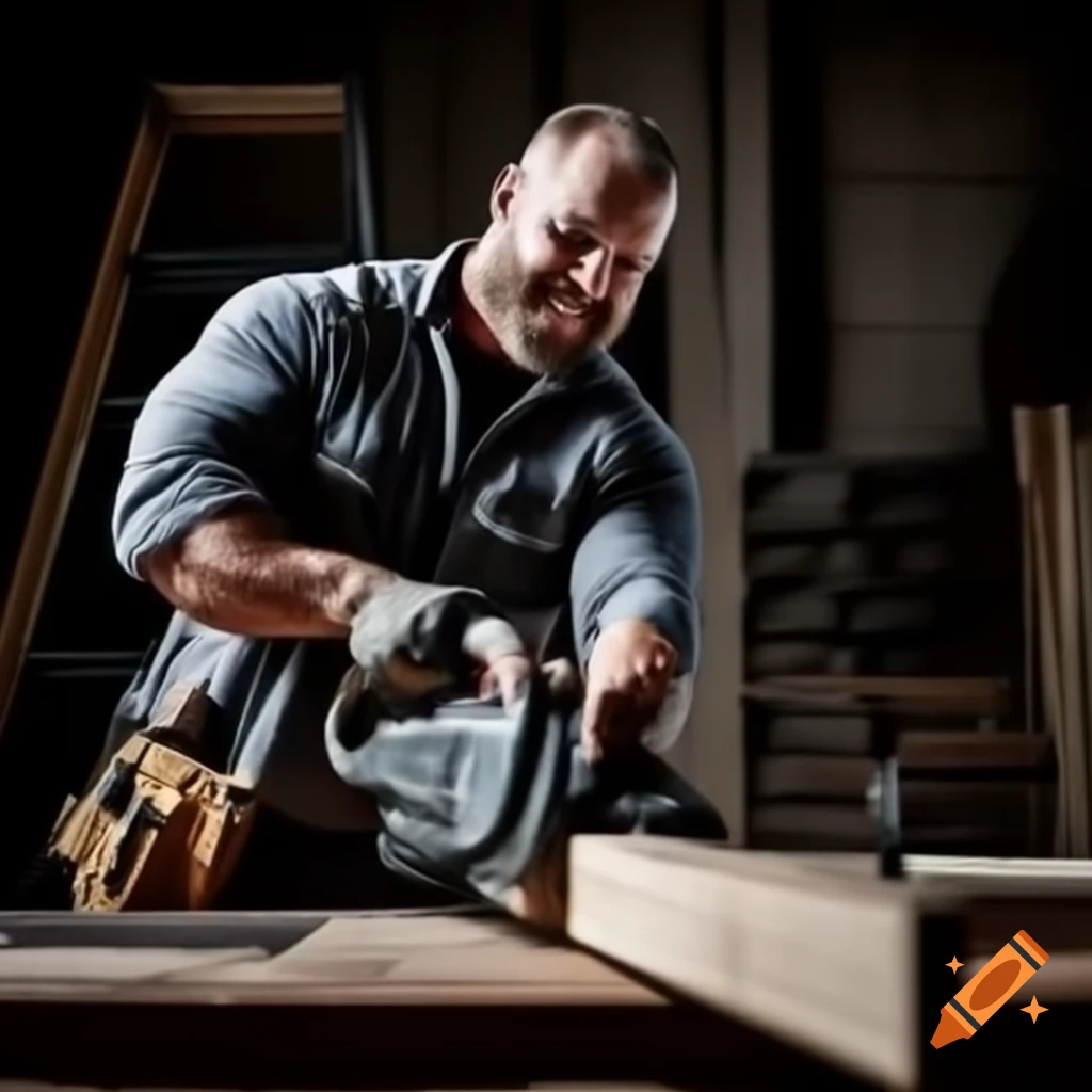 Muscular man in work jacket cutting wood with saw
