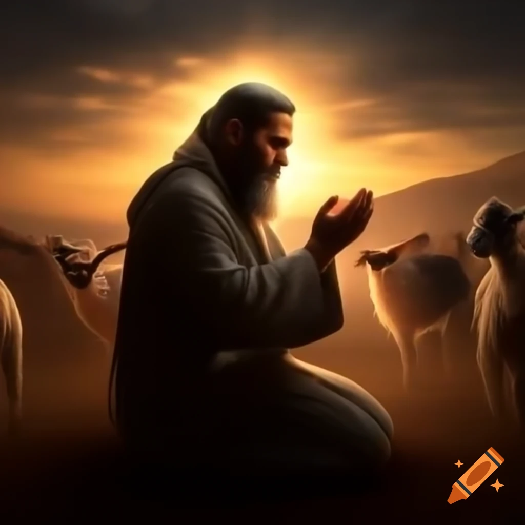 Shepherd praying with raised hands surrounded by grazing goats at sunset