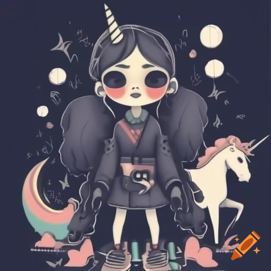 Japanese anime girl in rock punk style with unicorn in grayscale