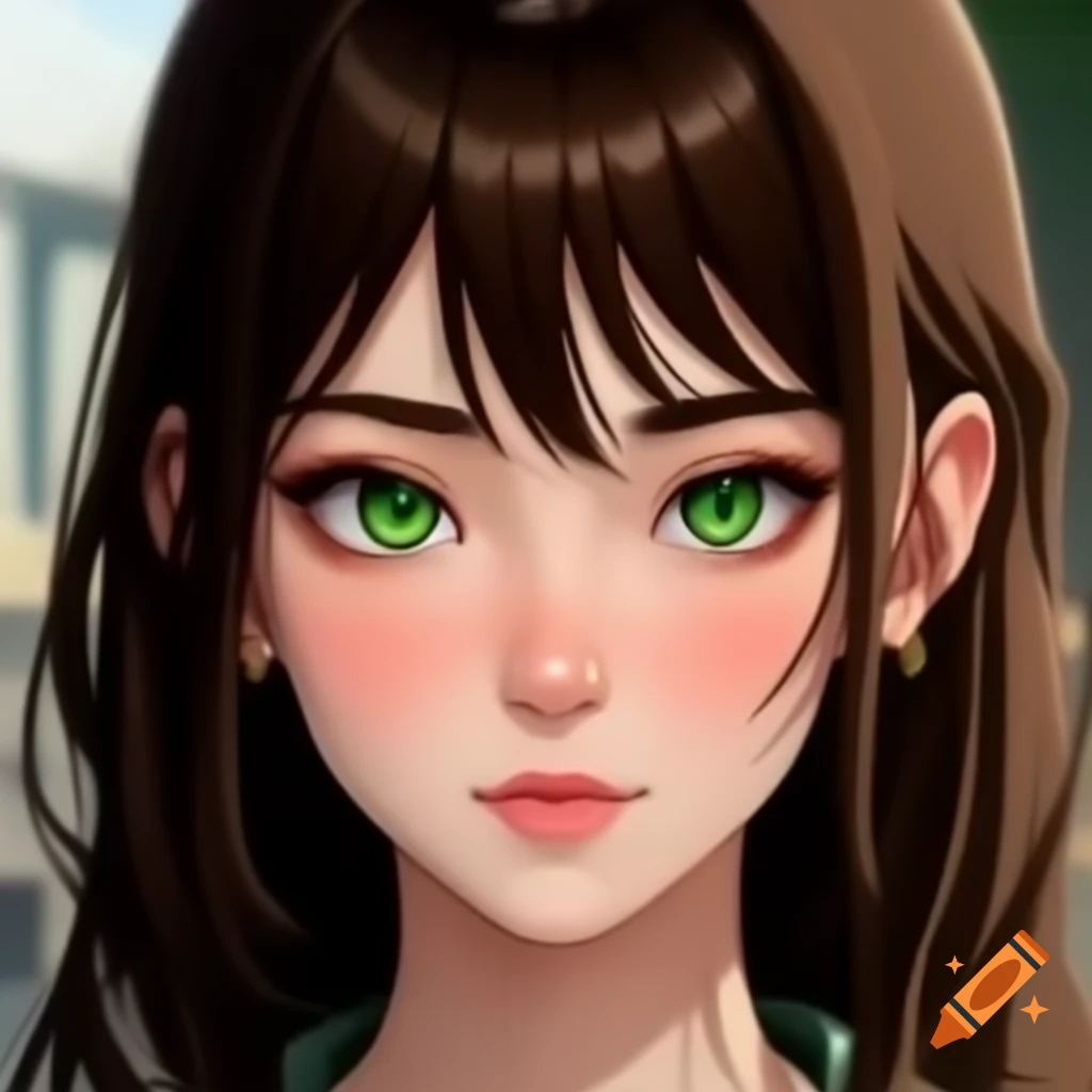 Anime woman with medium brown hair and green eyes