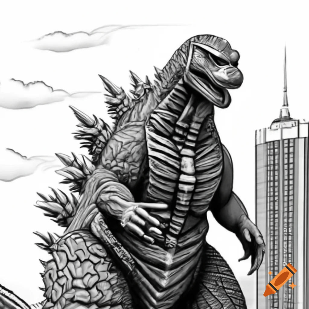 Drawing of Godzilla next to high rise building