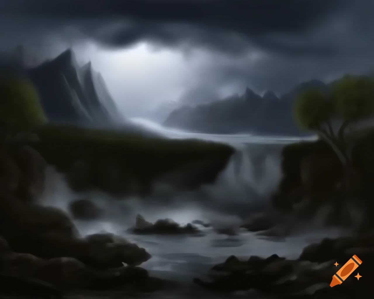 Drawing of jagged mountains under gloomy gray sky with lightning and rain