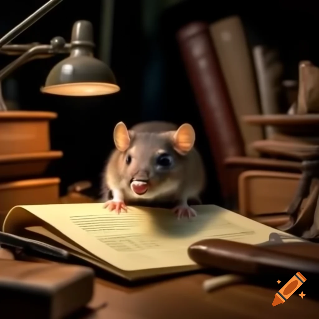 Rat exploring cluttered workspace with note inscribed 'JOEL'