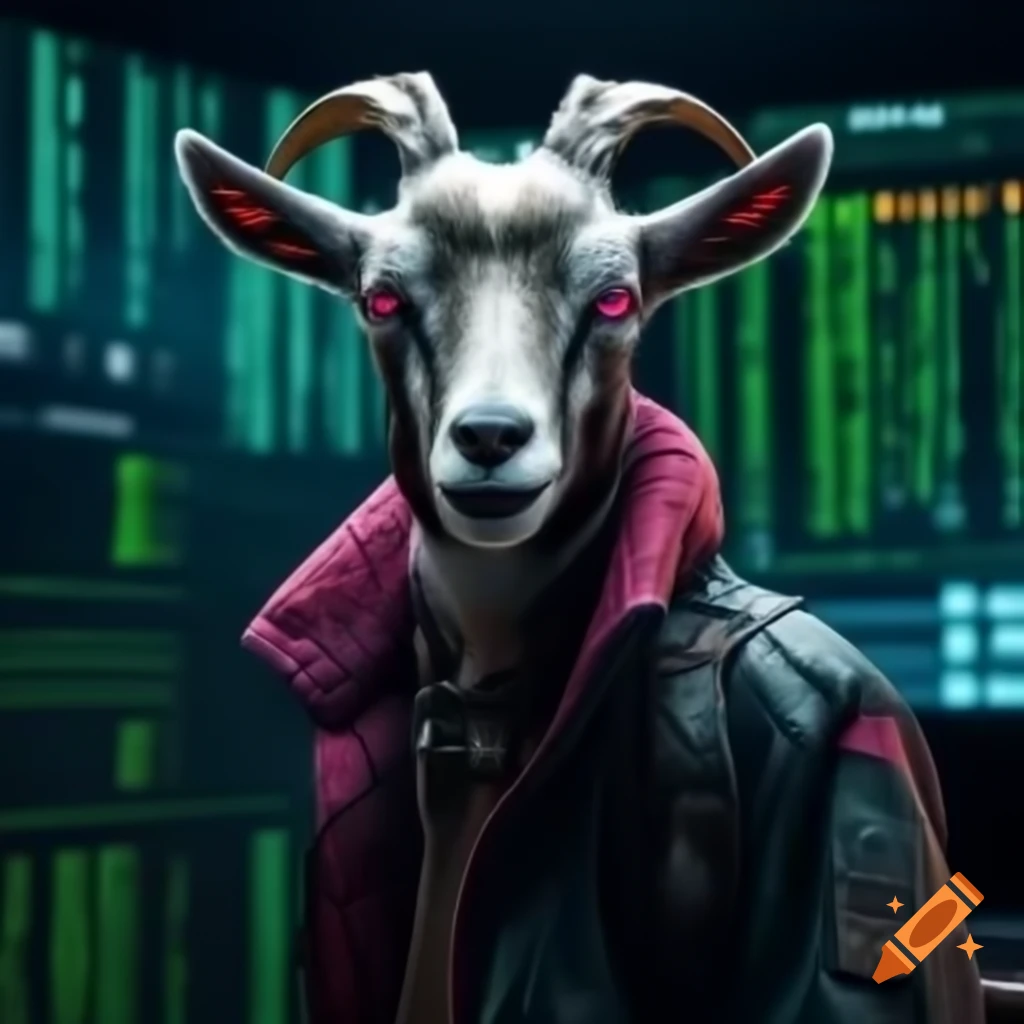 Goat dressed in cyberpunk attire in rainy alley with matrix codes
