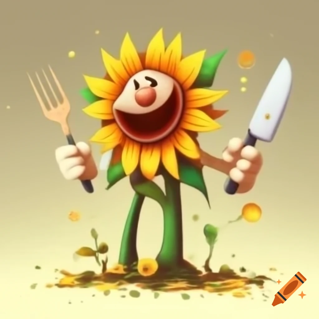Whimsical sunflower plant with fork and knife among colorful waste, inspired by Wallace & Gromit