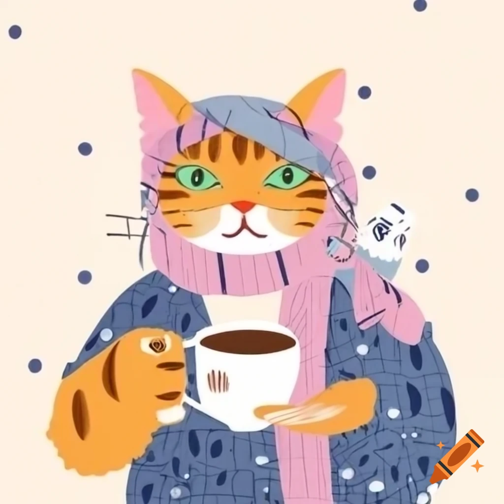 Elegant cat with coffee mug and pearls in watercolor style