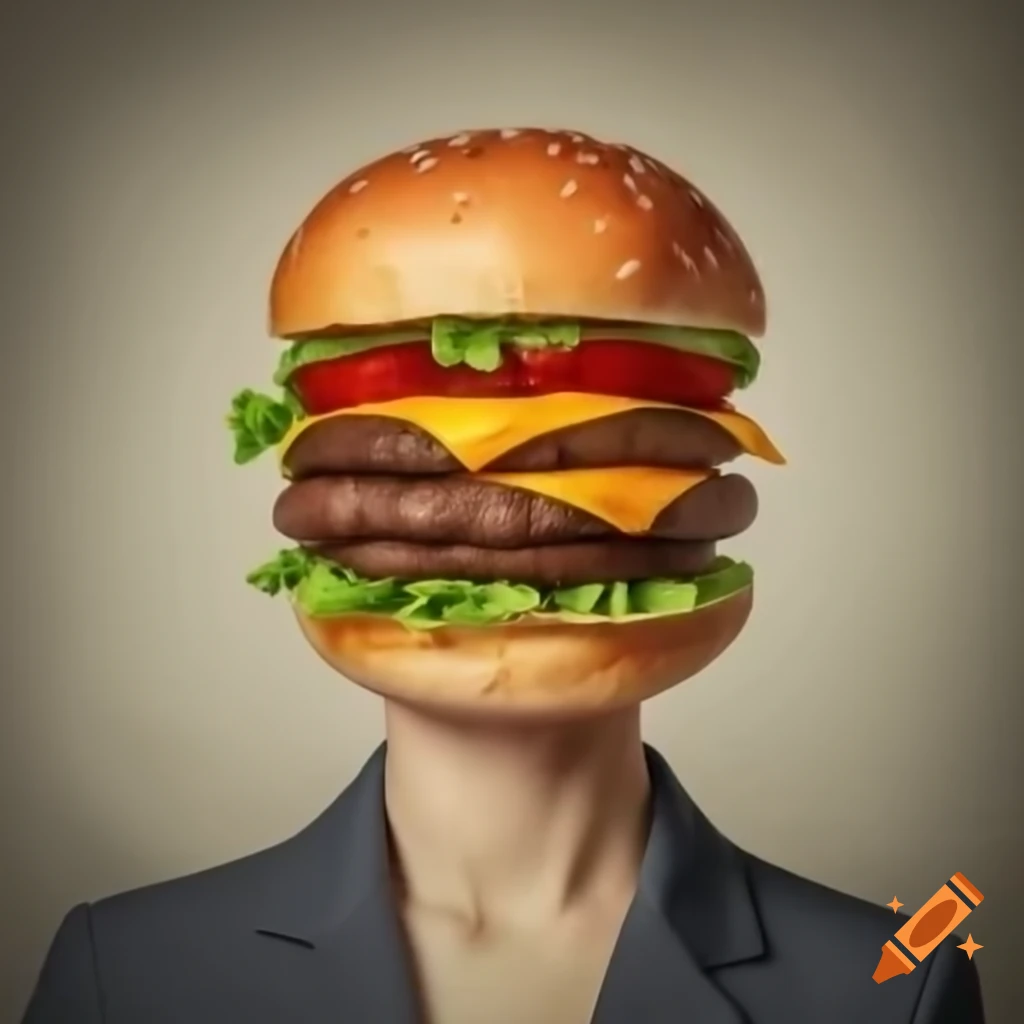 Faceless woman with a burger for a face, surreal art