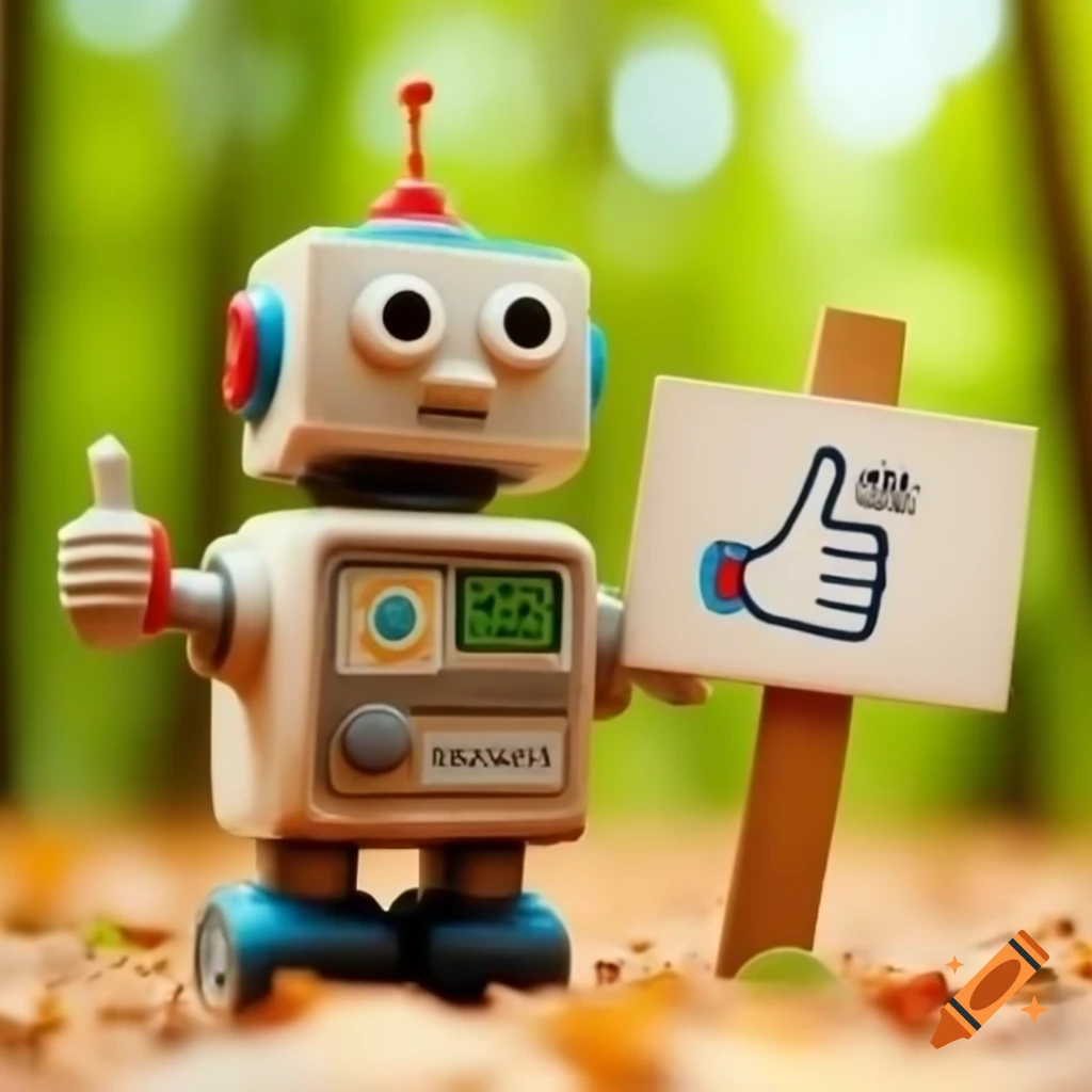 Old toy robot holding thumbs up sign in detailed forest scene