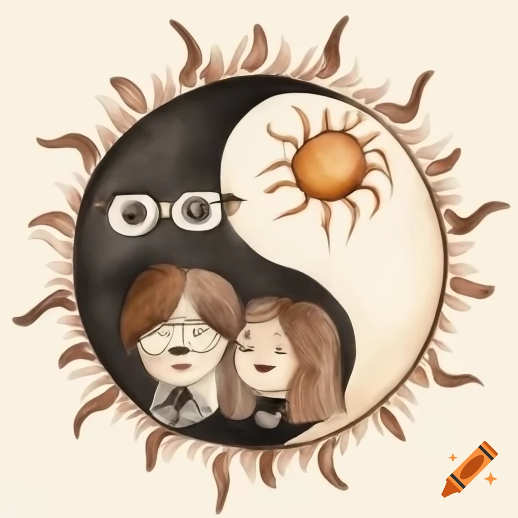 Yin-yang watercolor painting with sun and moon figures representing a son and daughter