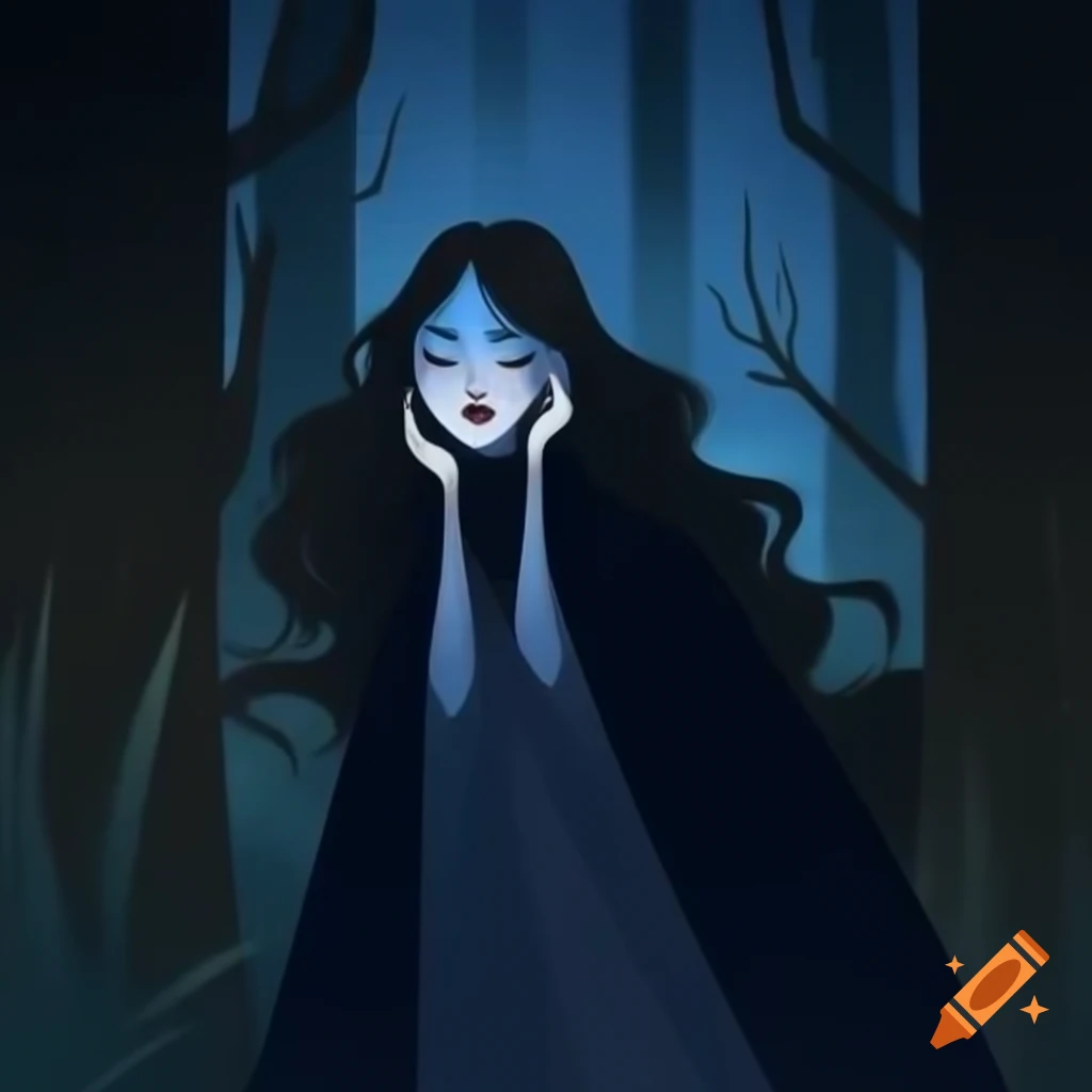 Frighened dark-haired woman in flowing cape and gown in woods at night