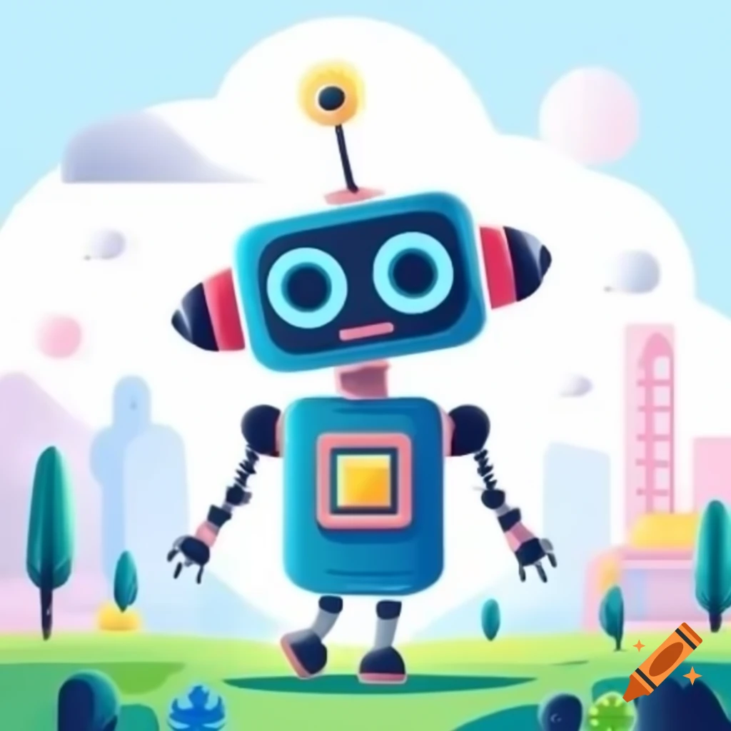 Cute vector robot with square black head walking happily, bright colors and playful design