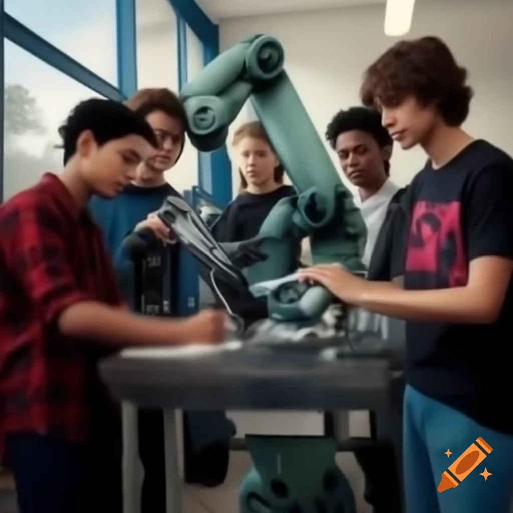 Students operating industrial robot arm in educational environment