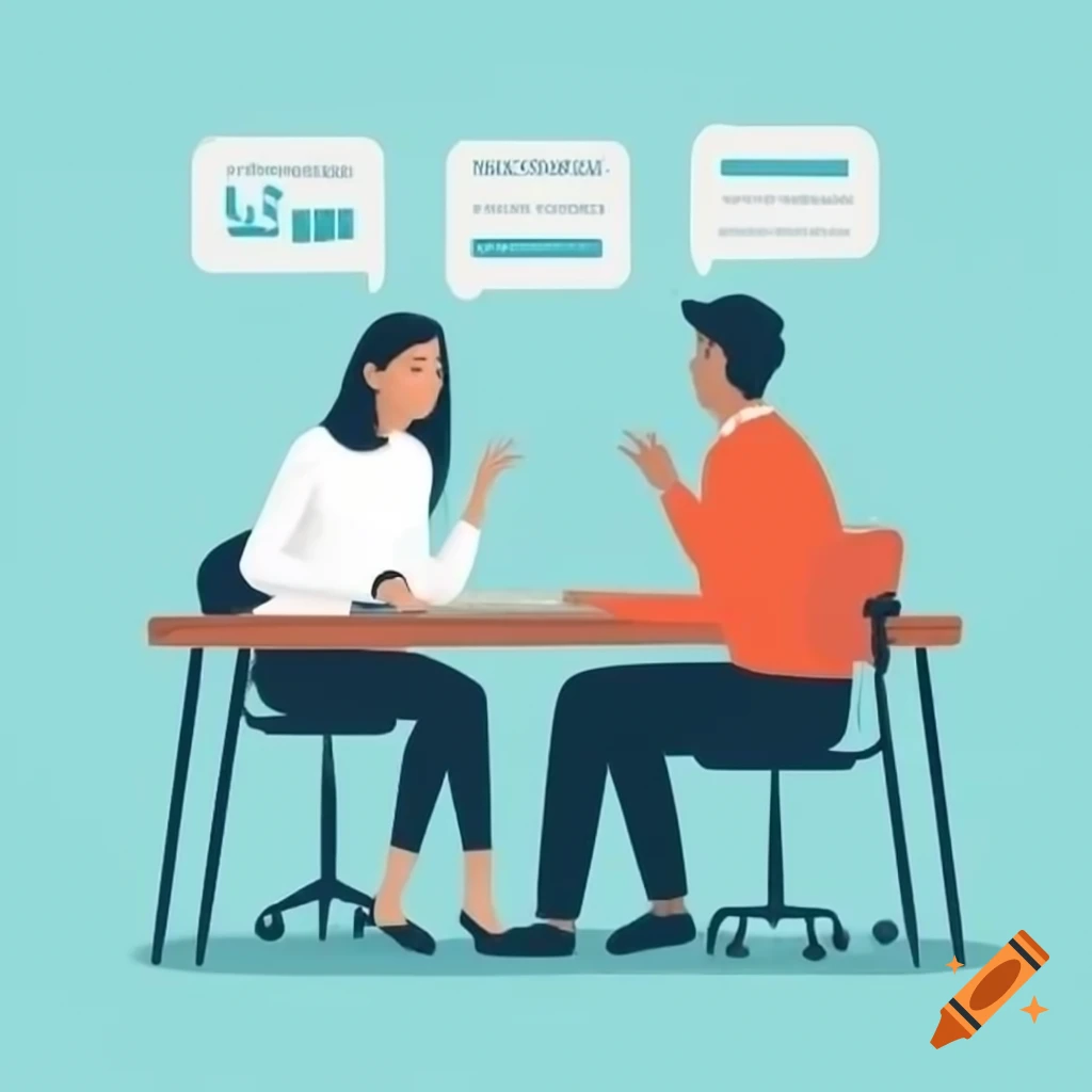 Female manager conversing with male team member at her desk, flat design