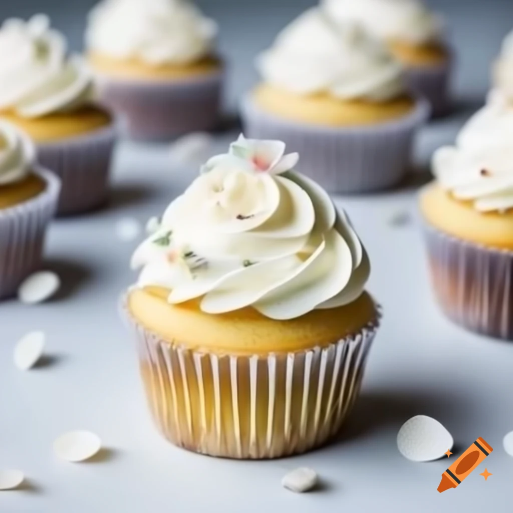 Beautiful wedding cupcake with white icing and edible petals in grey wrapper
