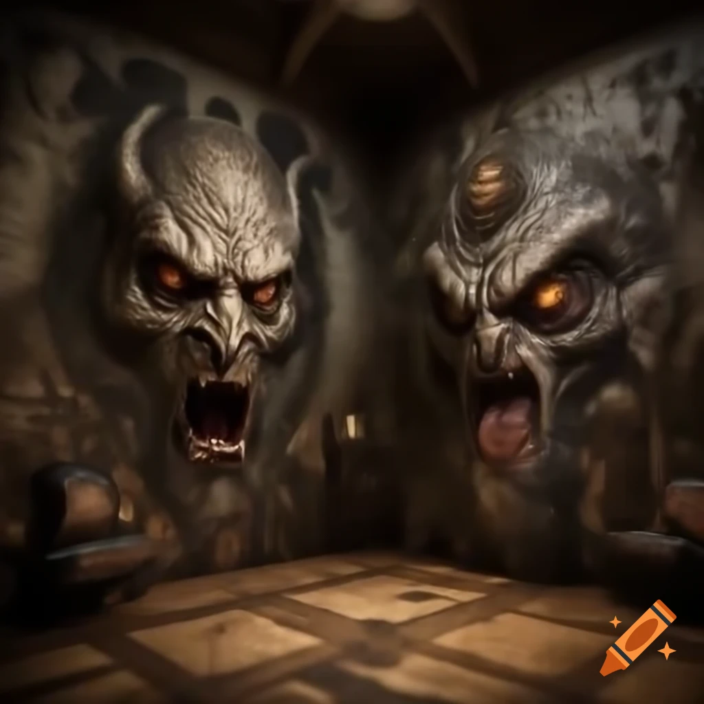 Realistic scary house with large room featuring demonic drawings on the walls