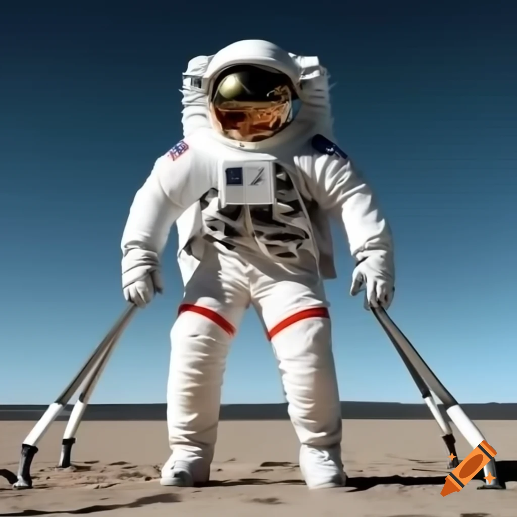 Astronaut in white spacesuit standing with legs apart and arms straight down