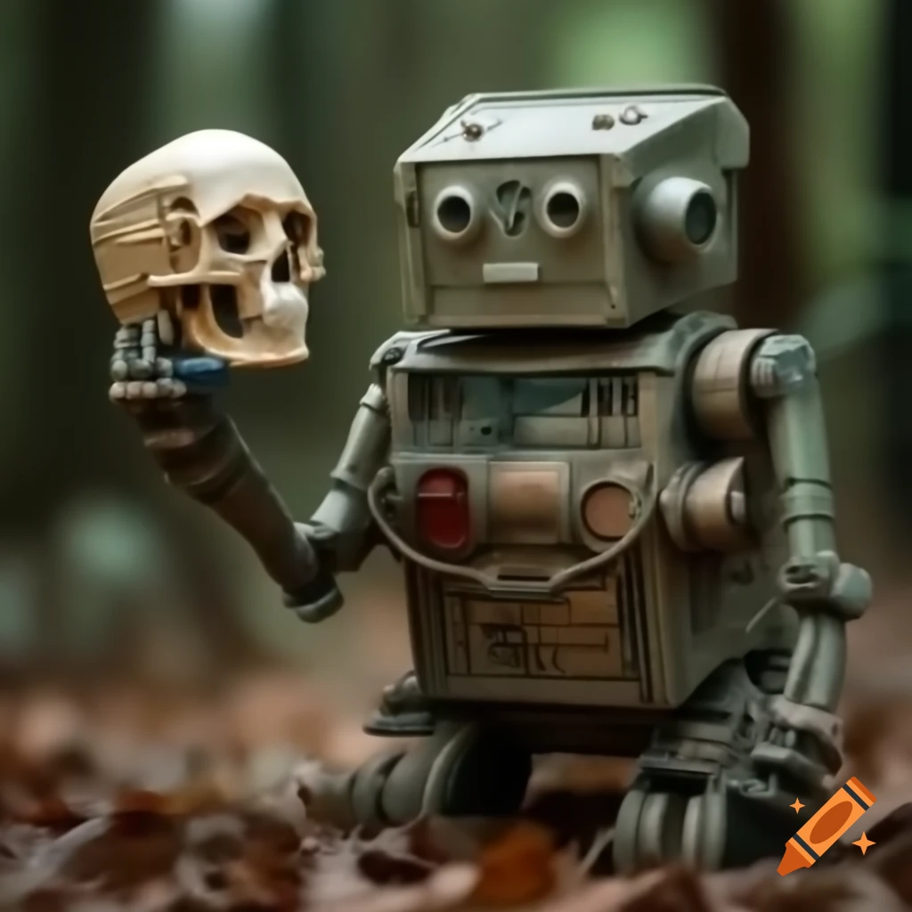 Old toy robot holding a decayed skull in a forest, highly detailed