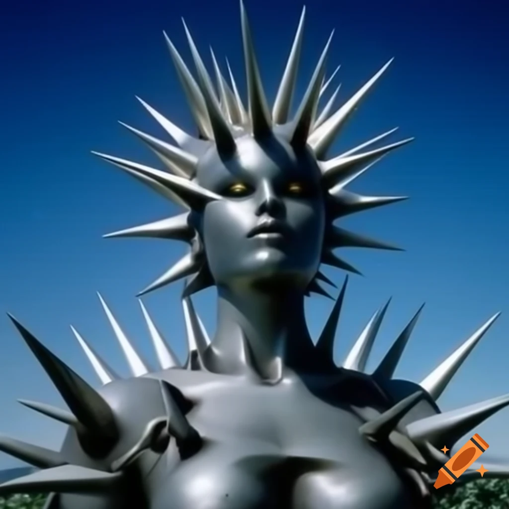 Pop surreal photography featuring spiky silver anime statue on craiyon