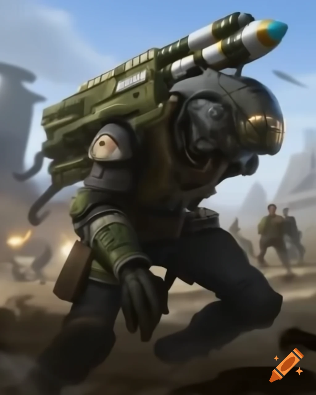 Futuristic soldier with rocket launcher on shoulder