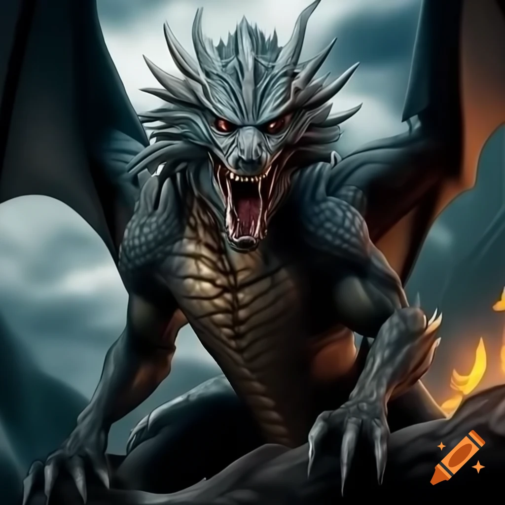 Powerful dragon with wolf head, detailed scales and large wings