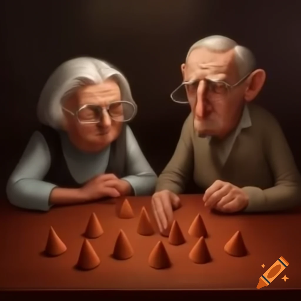 Old couple observing a cone player with over 100 cones on the table