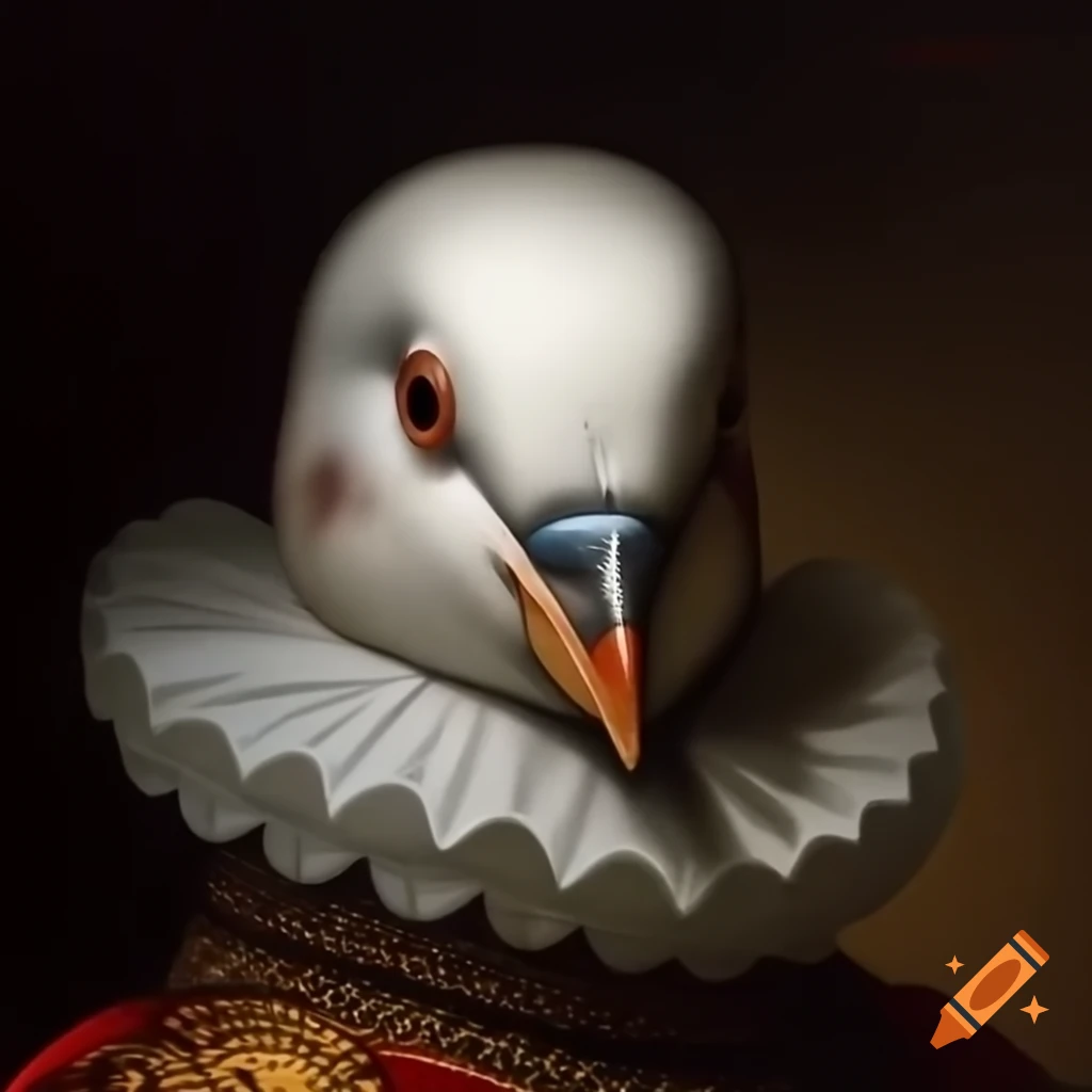 Oil painting of pigeon in 1700s era clothing and Elizabethan collar