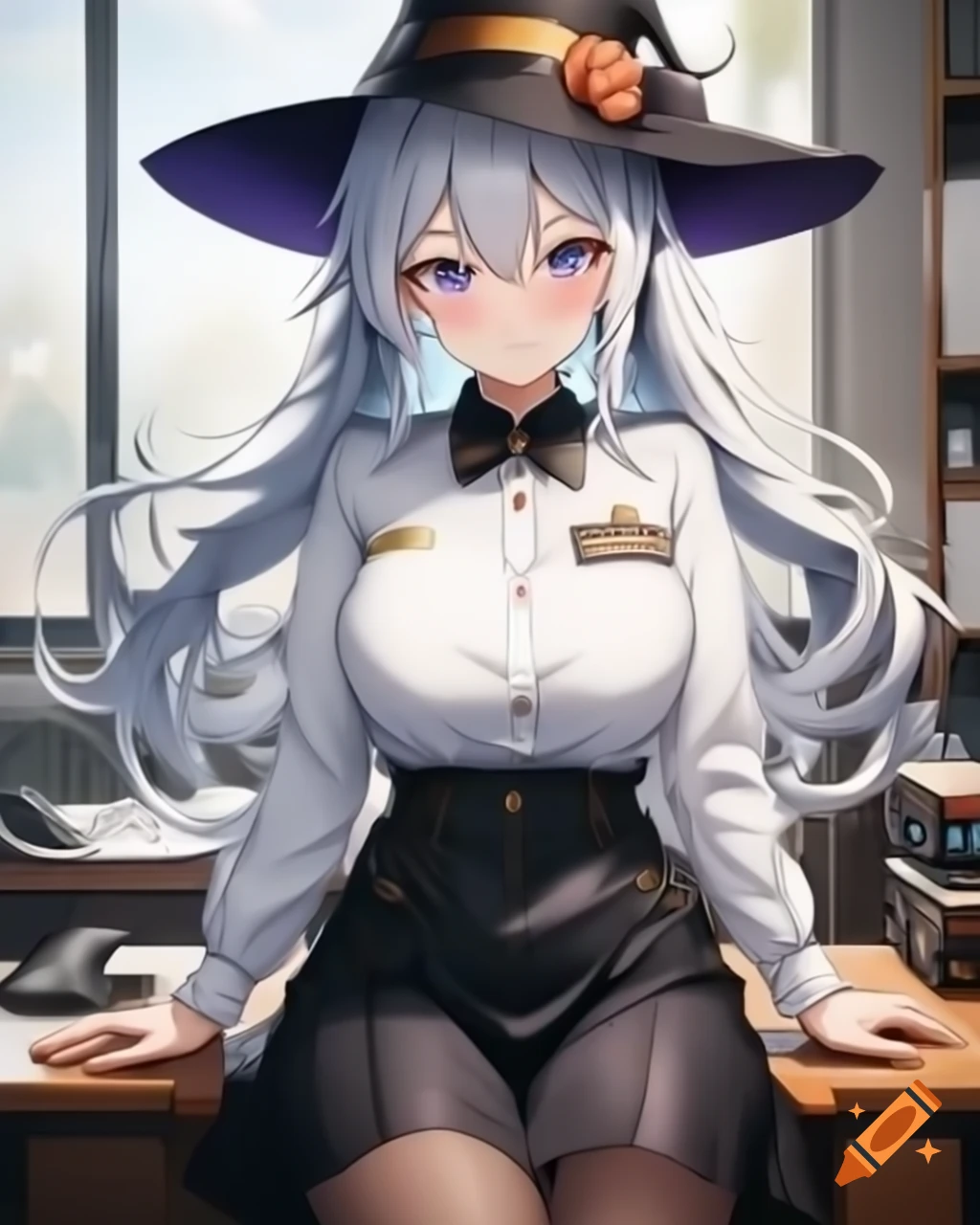 Confident witch in white uniform with silver hair, anime art style