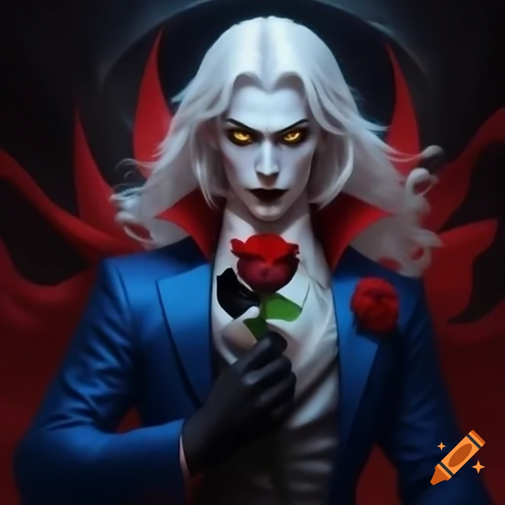 Handsome young vampire Prince in blue suit holding black rose