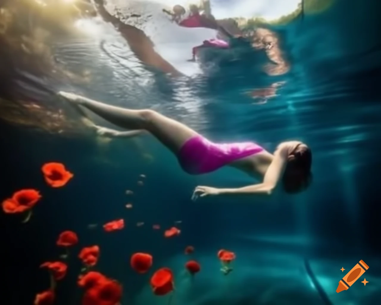 Young European woman gliding underwater among poppy flowers in pool at sunrise