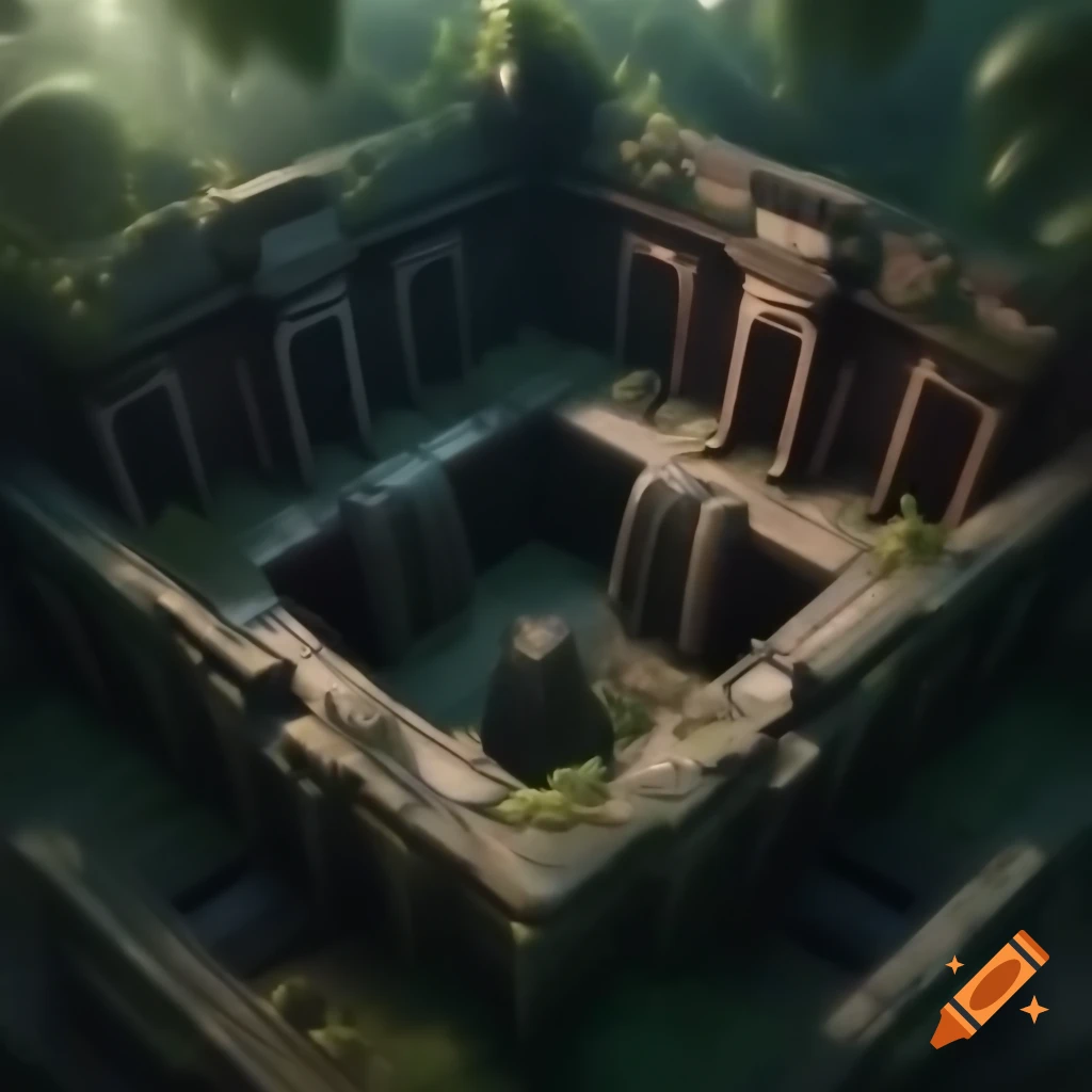 Ancient monolithic structure of dark stone and copper in dense jungle