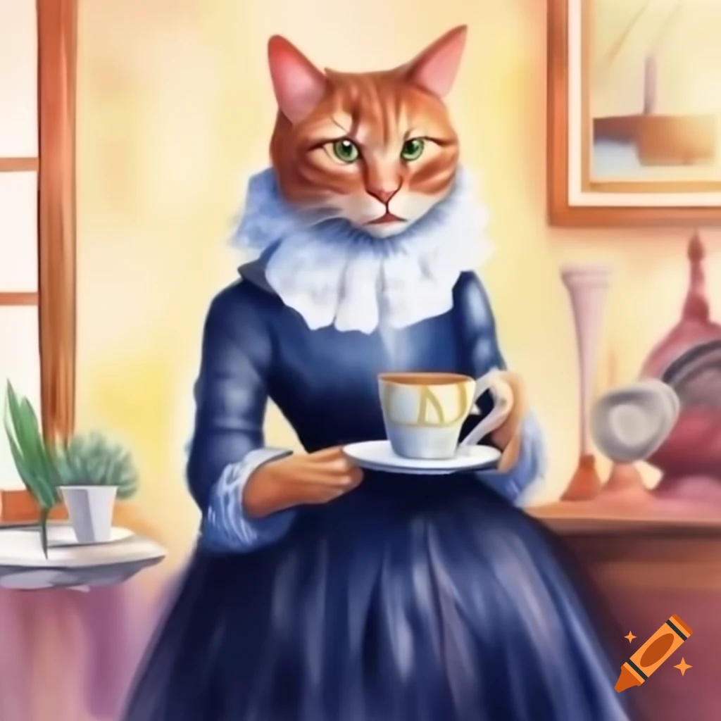 Cat in dark silver dress holding designer cup of coffee in warm toned watercolor painting