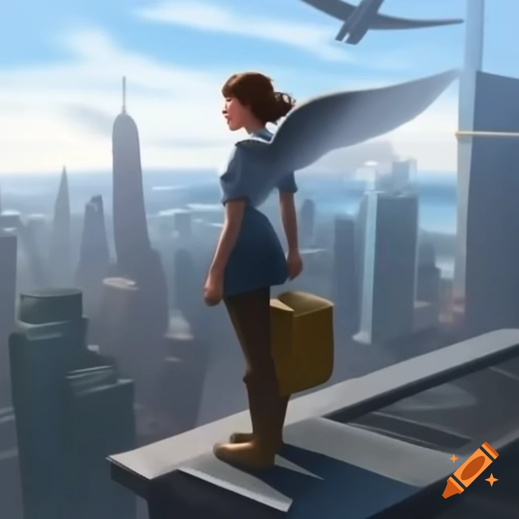 Winged woman on rooftop preparing for flight