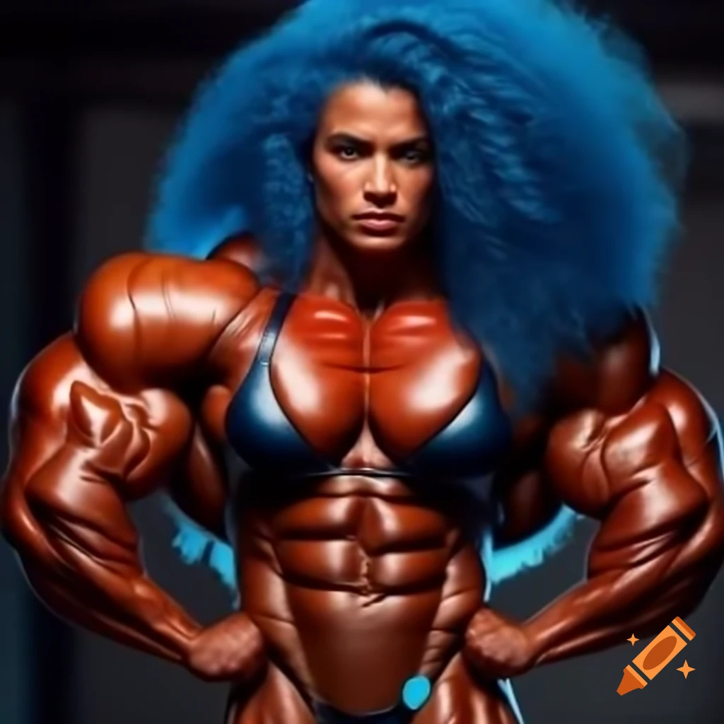 Powerful woman with blue curly hair showcasing strength