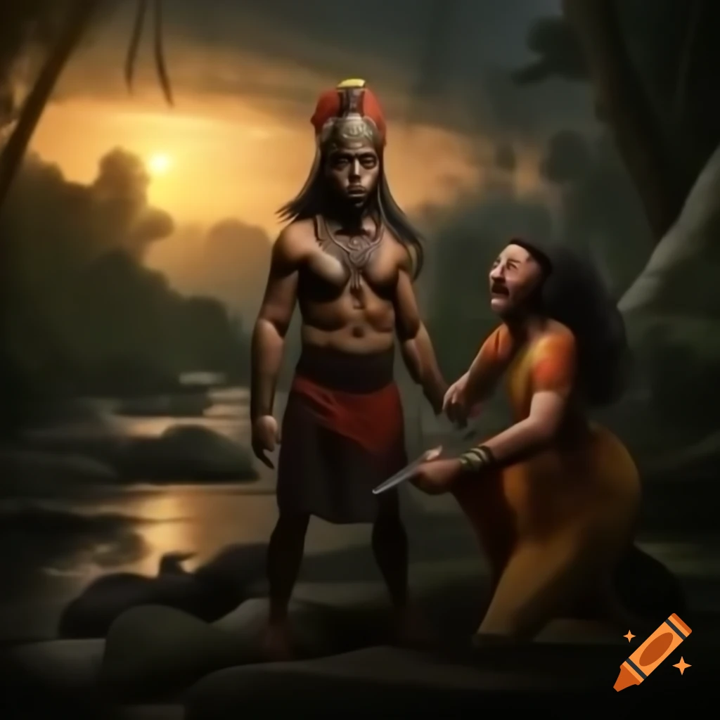 Warrior lord in ancient Indian attire confronting distressed demon woman in dramatic forest scene