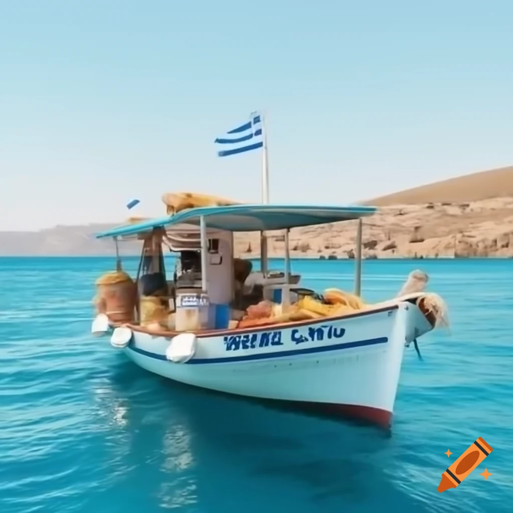 Boat with Greek flag approaching island with smiling people and food