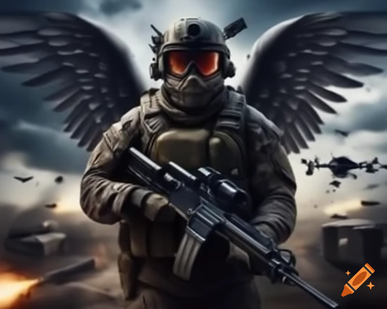 Modern soldier with wings, machine guns, drones, and explosive devices