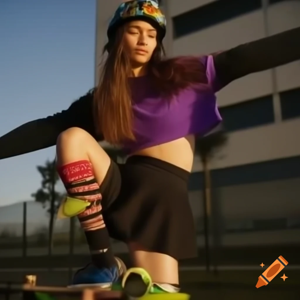Woman wearing skateboard outfit