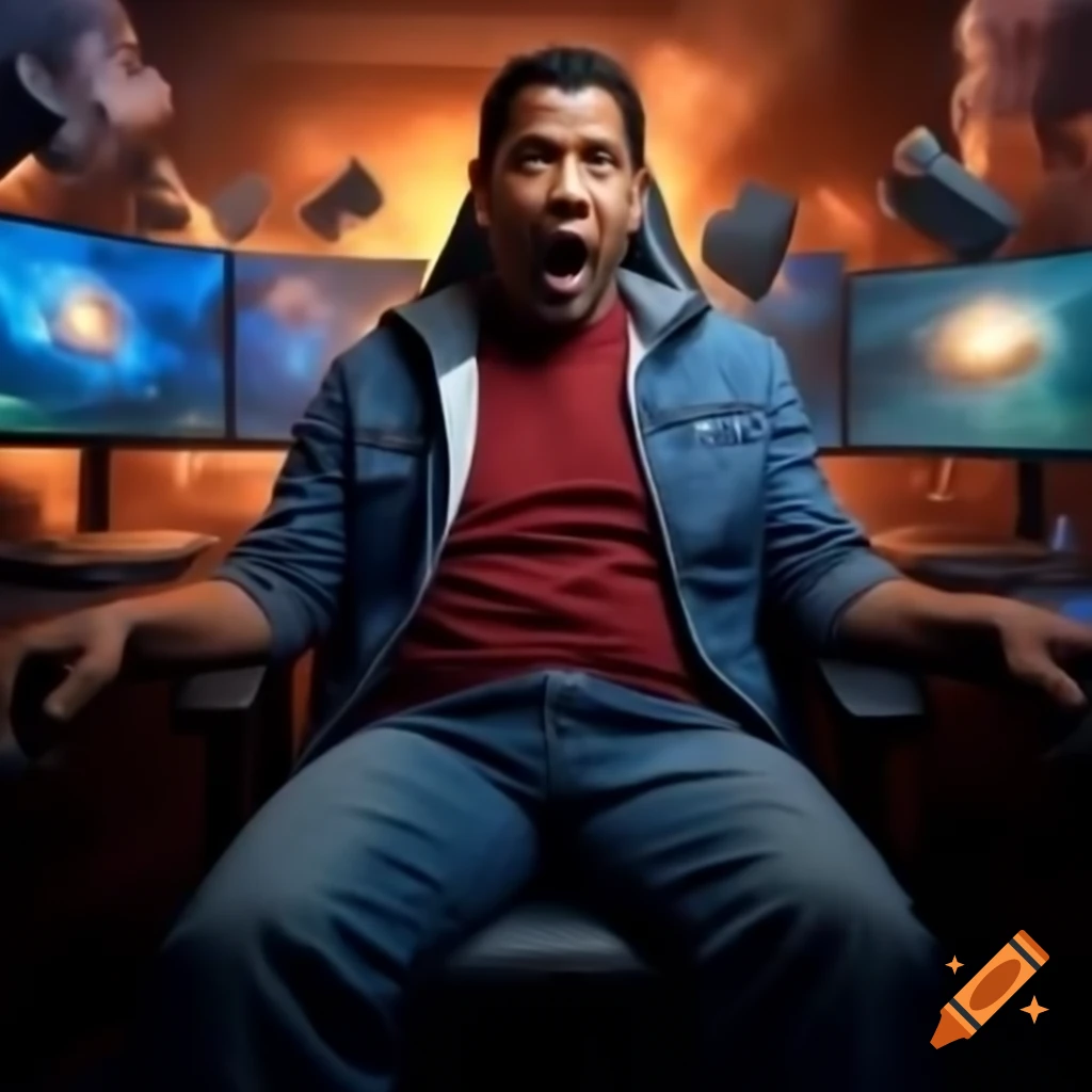 Denzel Washington at gaming setup with shocked expression surrounded by exploding computers