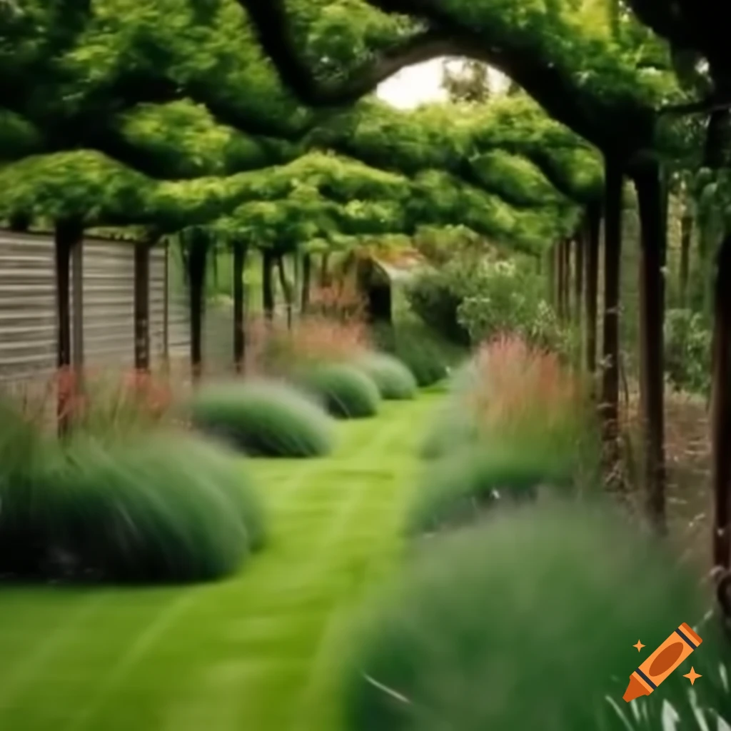 Garden pathway with wooden fences, colorful flowers, and trees