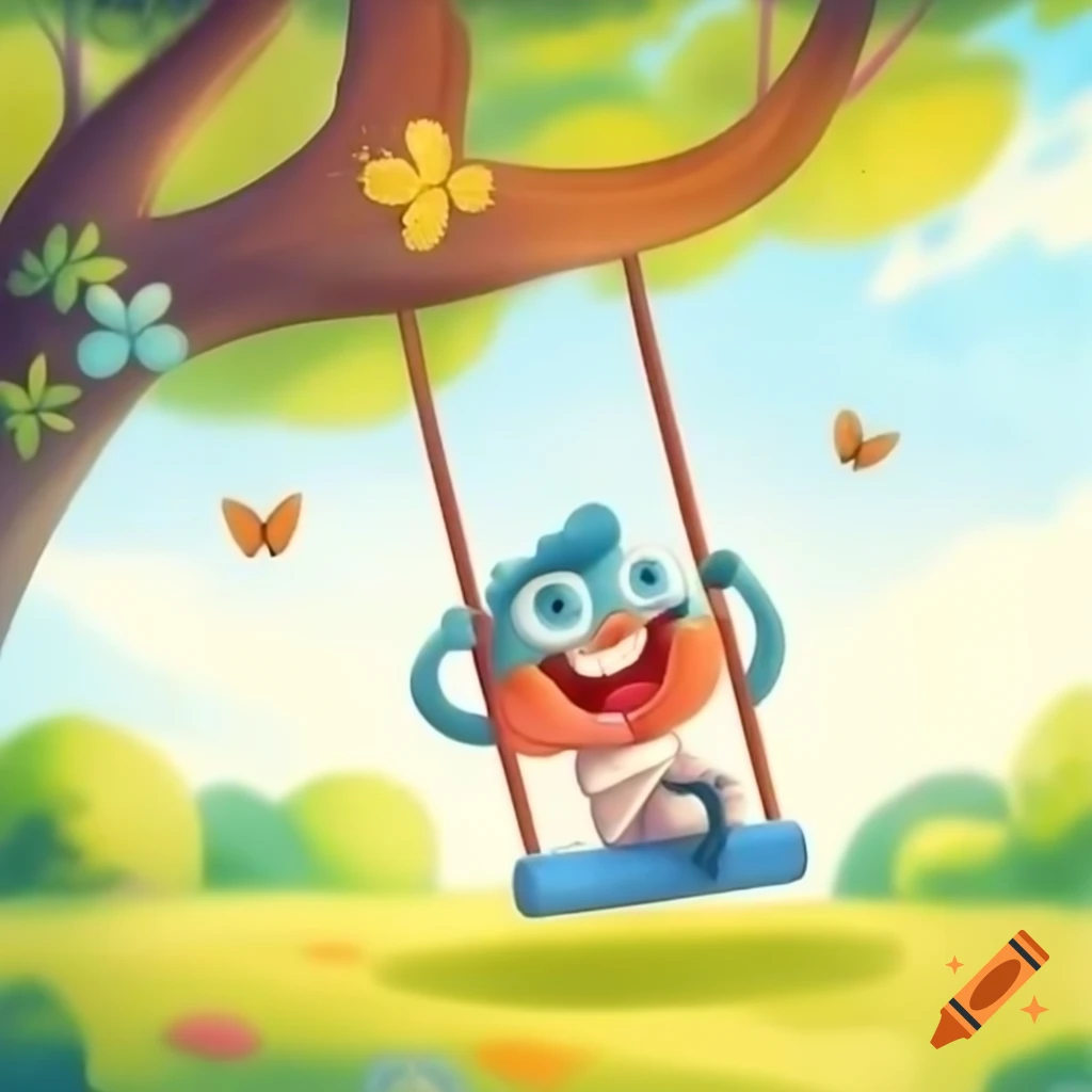 Cheerful cartoon character swinging with big smile and vibrant colors