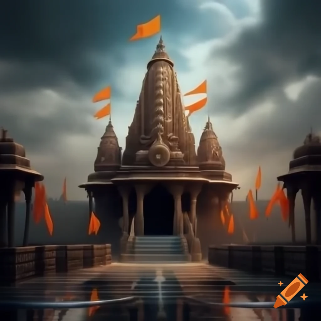 Hindu temple adorned with orange flags