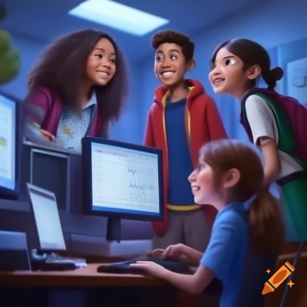 Students' day celebration with happy student at college using computer and monitor