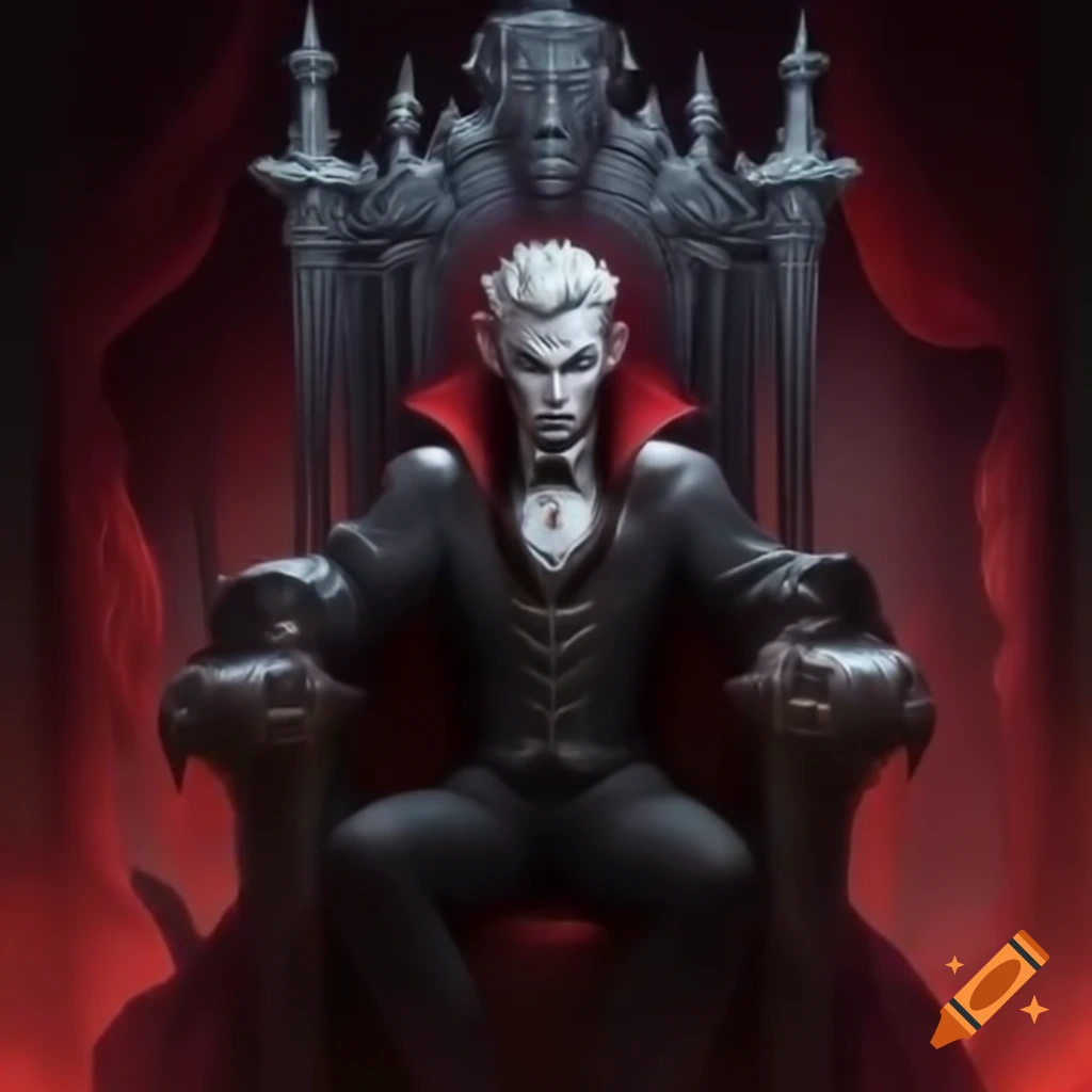 Regal vampire with yellow eyes on ornately decorated throne surrounded by trophies
